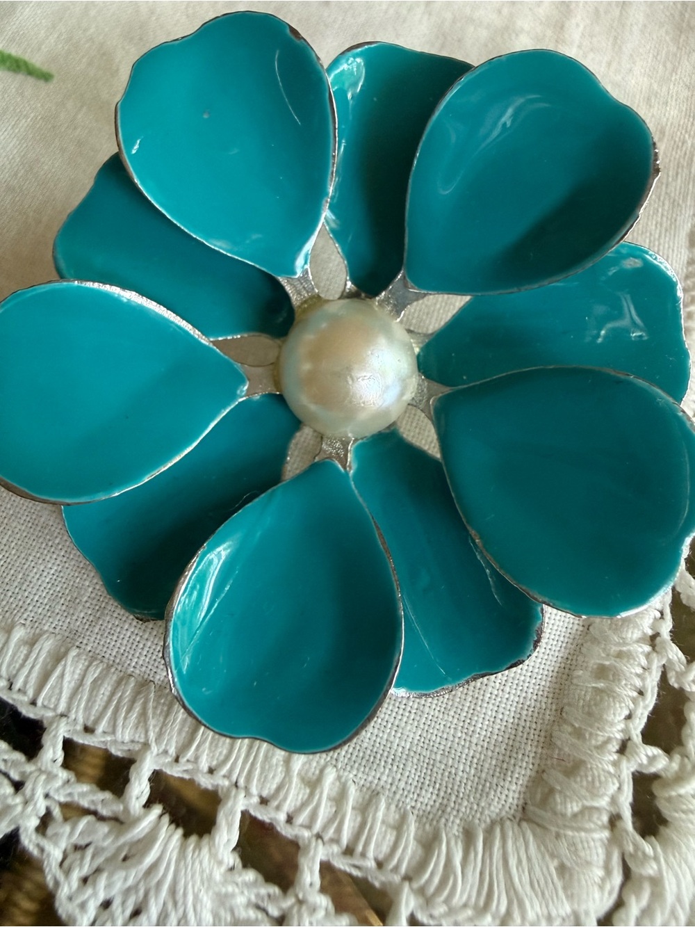 Vintage Teal Enamel Flower Brooch with Pearl Center